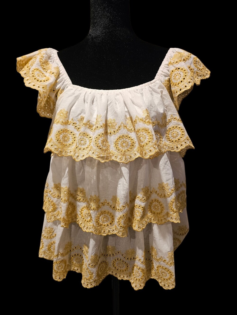 White Tiered Ruffled Eyelet Tunic with Gold Embroidery